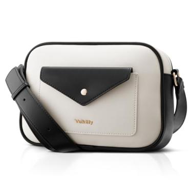 Imagem de Vulkitty Bolsa transversal para viagem feminina e vida diária moderna pequena bolsa de ombro de couro com alça larga, branca e preta, Branco e preto.
