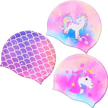 Imagem de Syhood 3 toucas de natação infantis à prova d'água para bebês chapéu de natação de desenho animado para cabelo longo curto crianças meninos meninas (cor brilhante, unicórnio)