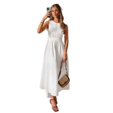 Imagem de Camisa Feminina Solid Pleated Detail Sleeveless A-line Dress (Color : White, Size : X-Small)
