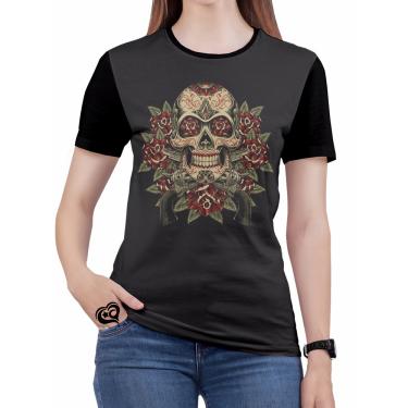 Imagem de Camiseta Caveira Mexicana plus size Rock Feminina Blusa Flor