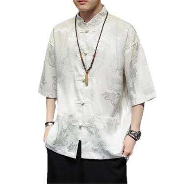 Imagem de Vestido tradicional de verão estilo chinês bordado dragão camisa masculina roupas gelo seda manga curta tops vintage, Branco, M