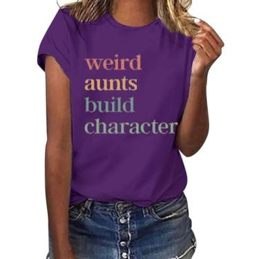 Imagem de Camisetas de gola redonda PKDong Weird Aunts Build Character Auntie Letter Printed Short Sleeve Fashion Shirts 2024 Camisetas casuais, Roxa, G