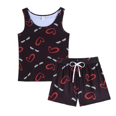 Imagem de YIJIU Conjunto de pijama feminino bonito sem mangas regata e shorts conjunto de pijama de 2 peças, Preto, P