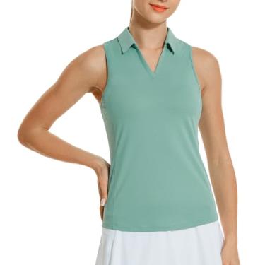 Imagem de HODOSPORTS Camisas polo femininas de golfe sem mangas com gola V, secagem rápida, costas nadador, Verde, G