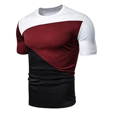 Imagem de Camiseta masculina gola redonda combinando cores de secagem rápida manga curta slim fit camiseta atlética, Branco, P
