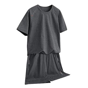 Imagem de Conjunto de camisas polo masculinas de gola redonda, cor sólida, conjunto curto de seda gelo, secagem rápida, 2 peças, Cinza escuro, Large