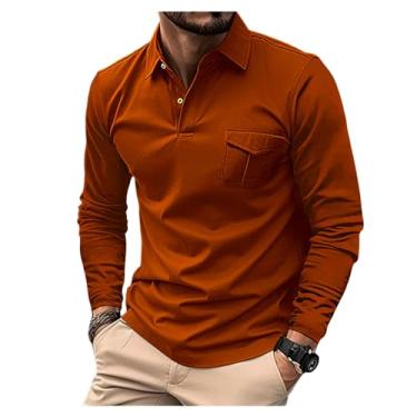 Imagem de Camisa polo masculina bolso frontal meio botões cor sólida gola larga pulôver ajuste solto, Marrom, G