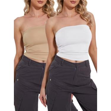Imagem de BATHRINS Pacote com 2 camisetas femininas tubinhas sem alças, sexy, costas nuas, bandeau elástico, Branco e nude, M