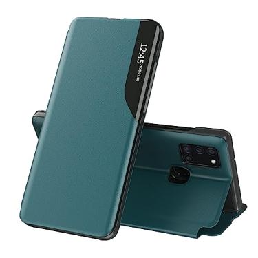 Imagem de OOPKINS Capa para iPhone 15 Flip Phone Case PU Couro Negócios Capa Flip Proteção de Corpo Inteiro Kickstand Smart Clear View Janela À Prova de Choque Capa Fina Protetora para iPhone 15 Verde QHC