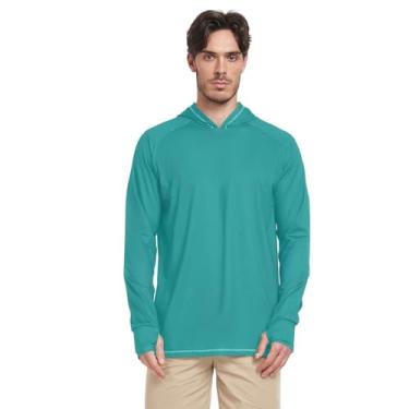 Imagem de Moletom masculino verde escuro com proteção solar manga longa leve FPS 50 + camiseta masculina rashguard para praia, Ciano escuro, Small