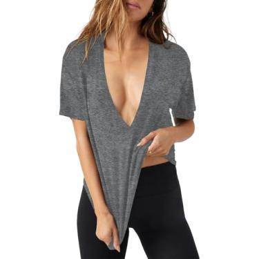 Imagem de Tankaneo Camisetas femininas sexy de verão com decote em V profundo e manga curta, casual, caimento solto, Cinza escuro, P