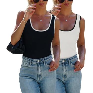 Imagem de Cyunda Camiseta regata feminina de 2 peças Color Block, sem mangas, gola canoa, malha canelada, caimento justo, básica, Preto/branco, GG