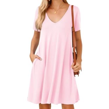 Imagem de JollieLovin Vestido feminino casual de verão 2024 com decote em V plus size camiseta de manga curta vestido de sol solto, Rosa - decote em V, G