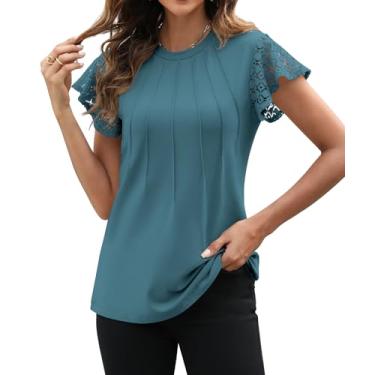 Imagem de Funlingo Camisetas femininas de verão de renda flutter manga curta 2024 elegante casual plissado gola redonda túnica blusa túnica de malha, Verde-azulado, XXG