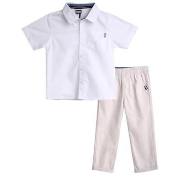 Imagem de DKNY Conjunto de calças para meninos - 2 peças de camisa de botão de manga curta e calça de lona - Conjunto de roupa para meninos (2-7), Off-white, 3 Anos
