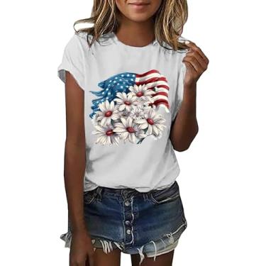 Imagem de Camiseta feminina com bandeira da América, roupa do Memorial Day, camiseta feminina vermelha e azul, Branco, P