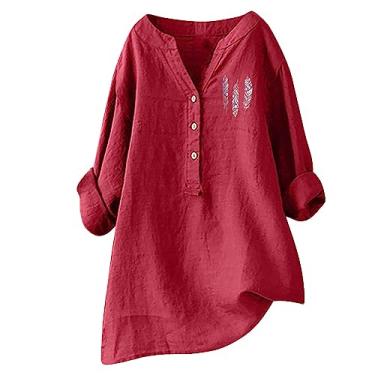 Imagem de Camisa feminina de botão, mistura de algodão e linho, manga comprida, gola V, casual, solta, blusa de trabalho, Vermelho, XG