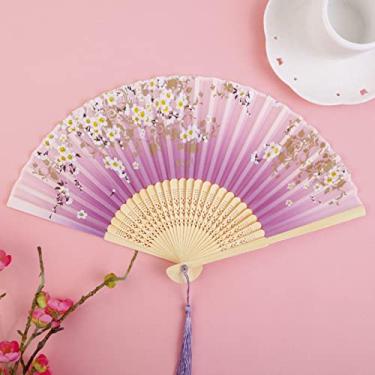 Imagem de YQHWLKJ Ventilador dobrável de seda estilo vintage ventiladores de mão ventiladores de mão arte artesanato menina presente decoração de casa casamento dança ventilador de mão