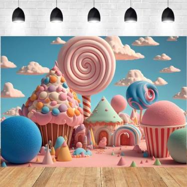 Imagem de AlELCJY Candyland Pano de fundo Candyland pirulito cenário de aniversário para meninas crianças montanha castelo candyland pirulito cenário de aniversário rosa adereços de festa decoração cabine de
