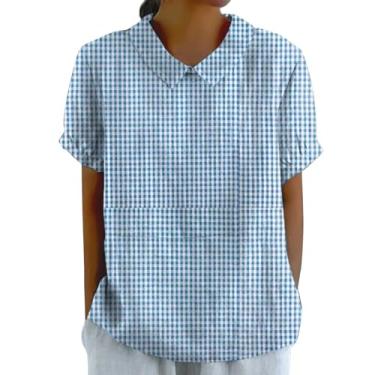 Imagem de Camisetas femininas de linho 2024 verão grandes lapela gola floral estampadas blusas de botão solto casual manga curta tops, Z01 azul-marinho, P