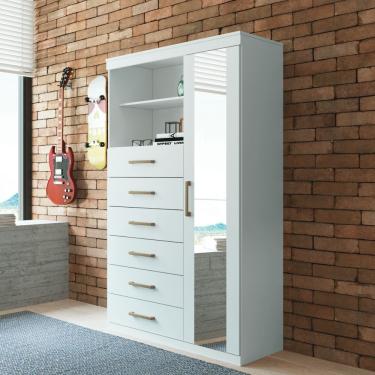 Imagem de Cômoda Multiuso 1 Porta 6 Gavetas Com Espelho Marabá Santos Andirá Branco