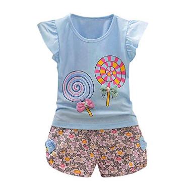 Imagem de LRSQOICM Lolly Tops + camiseta curta, 2 peças, conjunto de roupas para bebês, calças infantis, meninas, adolescentes, moda, Azul claro, 90