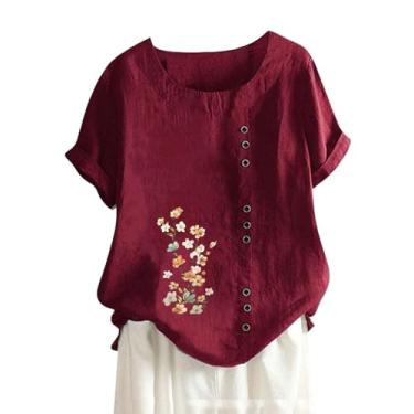Imagem de Camisetas femininas de linho de algodão 2024 gola redonda manga curta estampa floral blusas modernas casuais soltas, Vinho, XG