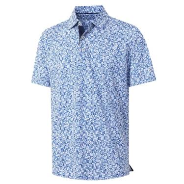 Imagem de M MAELREG Camisa polo masculina de golfe de manga curta com estampa de ajuste seco e absorção de umidade, Mosaico branco azul, GG