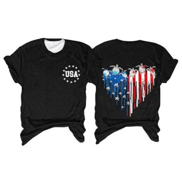 Imagem de Camiseta feminina bandeira americana 4th of July Shirts Stars Stripes Heart Graphic Túnica manga curta camiseta patriótica, Preto, G