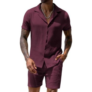 Imagem de URRU Conjunto masculino de linho 2024 moda verão manga curta camisa e shorts roupa praia tropical férias, Vinho tinto, M