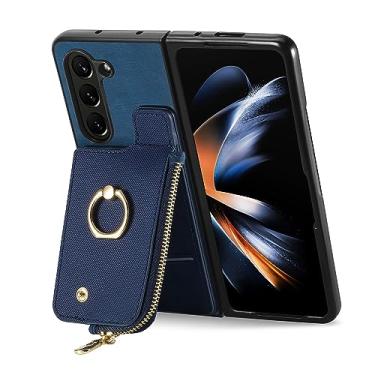 Imagem de HAO RIYLN Capa flip para smartphone para Samsung Galaxy Z Fold 6, capa de telefone carteira de couro com zíper slot para cartão capa de suporte de metal, azul, Z Fold 6