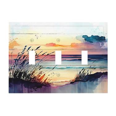 Imagem de Wpshijia Capa de interruptor de luz pôr do sol praia abstrata aquarela 3 gangues placa de interruptor de luz tripla natureza interruptor litoral capas de tomada decorativas placa de tomada elétrica