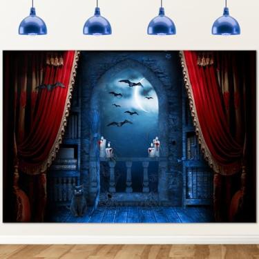 Imagem de Avezano Pano de fundo para fotografia de Halloween, vassoura mágica, vampiros, castelo medieval, assustador, morcegos bruxa, meados do século, vintage, para crianças, sessão de fotos, decoração de