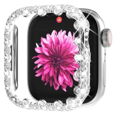 Imagem de Wingle Capa protetora para Apple Watch Series 11 10 de 42 mm, trevo de 4 folhas, borda de renda, diamante, strass, cristal, strass, protetor de moldura de policarbonato rígido para iWatch 11 10, capas