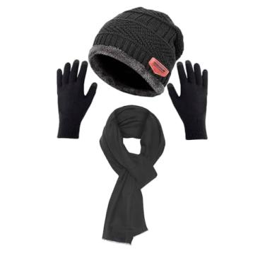 Imagem de Conjunto de 3 peças de gorro masculino de inverno, gorro quente com gorro (PRETO)