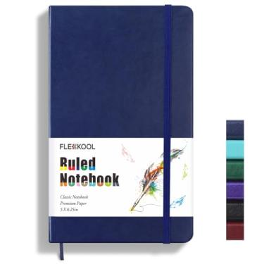Imagem de FLEEKOOL Caderno pautado A5, caderno de couro pautado universitário com papel pautado de 100 g/m², 12,7 cm x 21 cm, capa dura, bolso interno - azul marinho