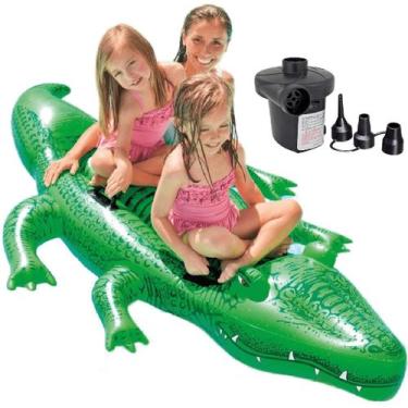 Imagem de Bóia inflável jacaré intex p/ 2 crianças + bomba ar eletrica, 110V