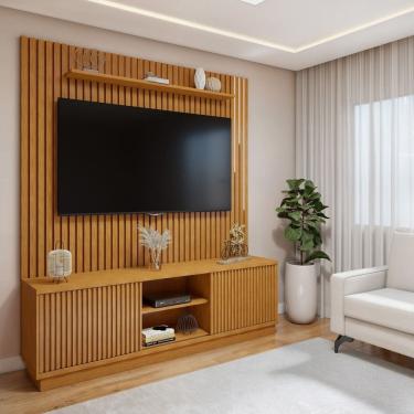 Imagem de Conjunto Rack Arezzo 180cm com Painel Ripado com Led para Tv de até 75 Polegadas com Led Paris Naturalle