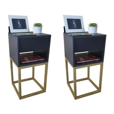 Imagem de Kit 2 Mesas de Cabeceira Industrial 30cm Preto Gaveta e Nicho Base Met