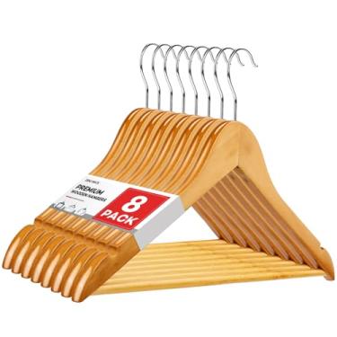 Imagem de Cabides de madeira, pacote com 8, resistentes para casacos, ternos, jaquetas, armário e calças – Madeira premium durável com gancho e entalhes rotativos de 360 graus, natural