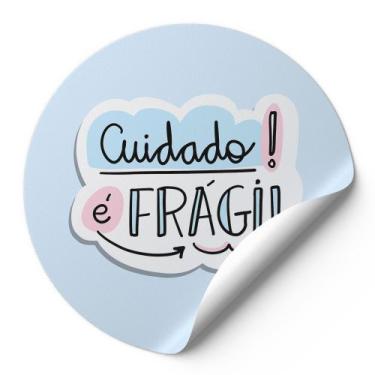 Imagem de 120 Etiquetas Auto Colante Adesivos Redondos Cuidado É Frágil Fundo Az