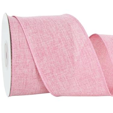 Imagem de RIBBOOO Fita com fio de serapilheira natural, fita de tecido rosa de 6 cm para artesanato, laço de guirlanda, embrulho de presente, casamento, decoração de festa de Natal