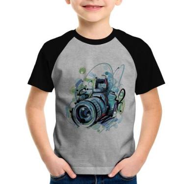 Imagem de Camiseta Raglan Infantil Câmera Fotográfica - Foca na Moda, Cinza, Pre