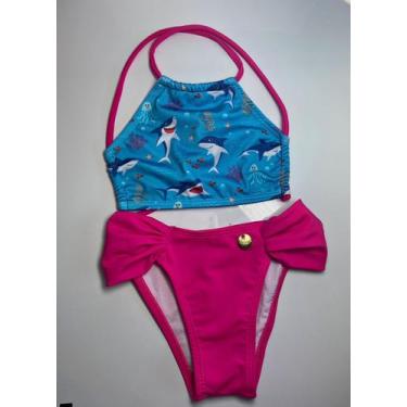 Imagem de biquini infantil cropped e calcinha drapeada estampa tubarao  - Atrevi