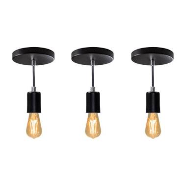 Imagem de kit 3x Pendente Tubo Cilindro Alumínio Preto + Filamento Carbono ST64 