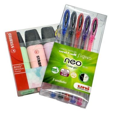 Imagem de 5 Caneta Gel Signo Neo Uni-ball + 4 Marca Texto Stabilo Boss