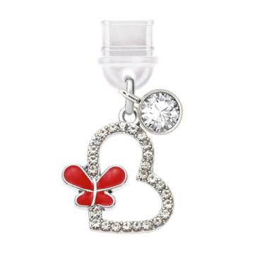 Imagem de ELISE & FONDA TP488 Tipo-C porta de carregamento antipoeira plugue cristal amor coração com pingente de telefone celular borboleta para iPhone 15/16/Samsung/OnePlus/Xiaomi/oppo telefones Android