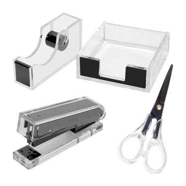Imagem de Conjunto de tesouras de grampeador preto de acrílico, conjunto de tesouras para escritório, grampeador, cortador de fita com tesouras pretas de 16 cm, materiais de escritório, artigos de papelaria para casa, escritório e escola