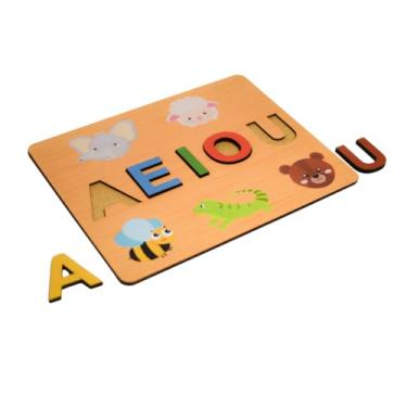 Imagem de Brinquedo de encaixe vogais em mdf educativas brinquedo pedagogico autismo aeiou sensorial montessori