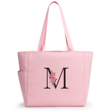 Imagem de KALIDI Sacola de praia personalizada, bolsa de compras com zíper inicial do alfabeto para mãe, professora, amiga, casamento, compras diárias, Rosa - M, Large